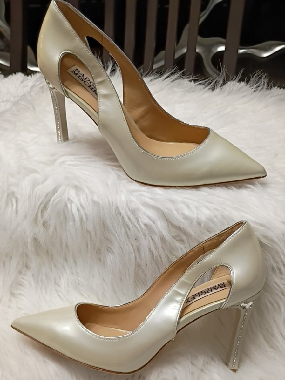 Badgley Mischka Champagne Pearlized Patent Leather Pointed-Toe Cutout Pumps - Picture 4 of 16
